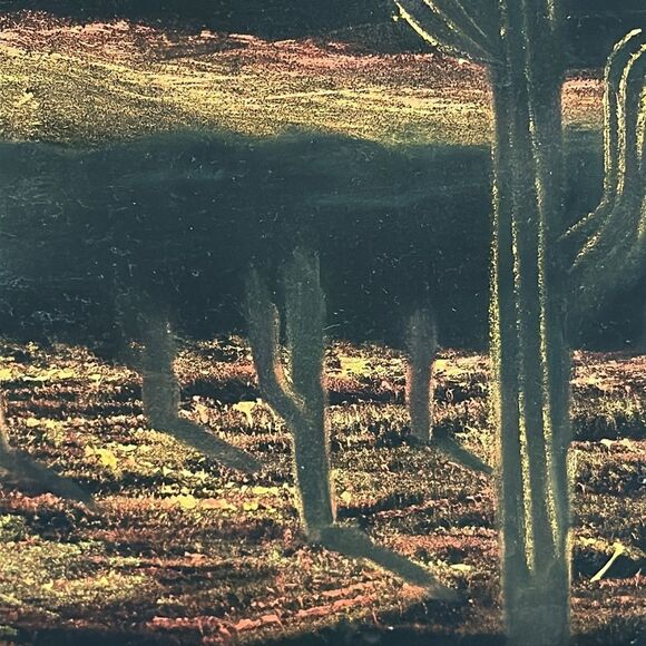 Vintage Desert Sunset Black Velvet Painting Wooden Framed Desert Landscape - Picture 11 of 17